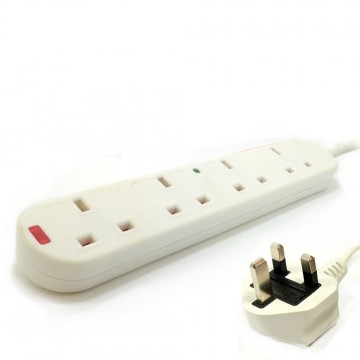 Surge Protected 4 Gang Extension Socket 1.25mm UK 13A 3m Cable White