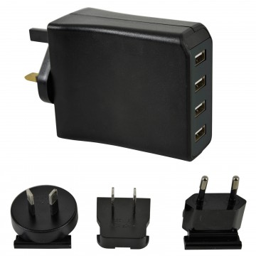 Travel High Power 4 Port USB Mains Charger 4.8A UK/US/Euro/Australia