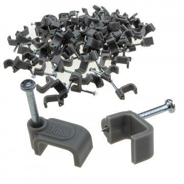 FLAT Grey  9mm Cable Clips for 1.5mm2 Twin & Earth Cables  [100 Pack]