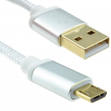 BRAIDED Metal Ended GOLD USB 2.0 A To MICRO B 24AWG Cable 2m SILVER
