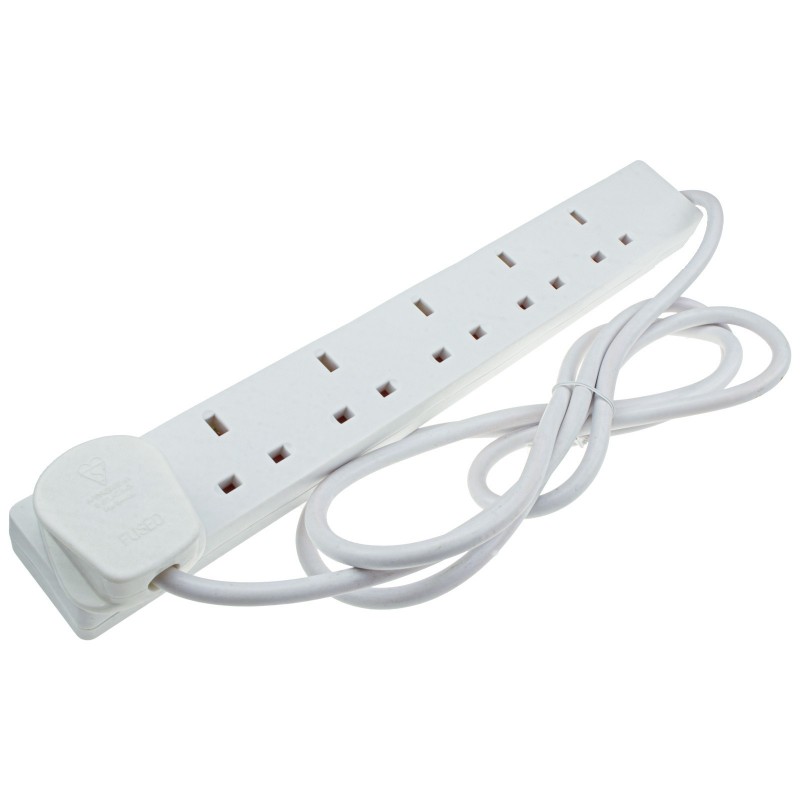 6 Gang/Six Way Slimline UK Mains Power Strip Extension Lead 2m White 6 Gang/Six Way Slimline UK Mains Power Strip Extension Lead 2m White