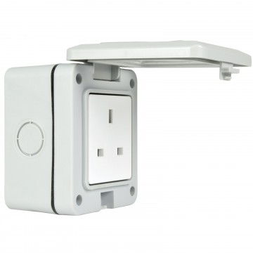 Single 1 Gang Fully Weatherproof 3 Pin UK Power Socket Outdoor Outlet IP55 White