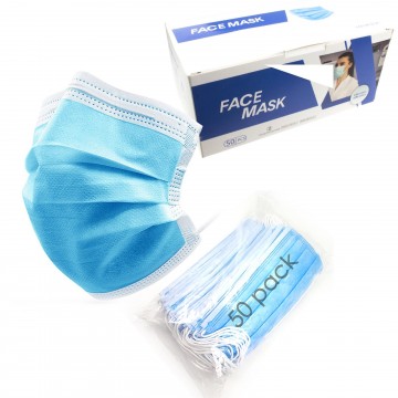 Protective Face Mask 3 ply Disposable Adult Blue Breathable Non Woven [50 Pack]