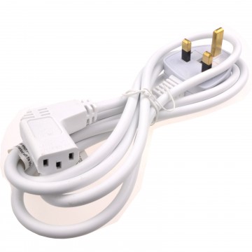 Power Cable UK Plug to RIGHT ANGLE IEC Cable Lead 2m WHITE