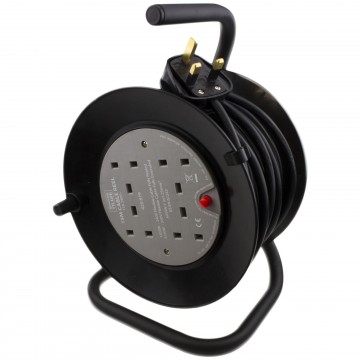 4 Gang Way 13A Mini Cable Mains Power Extension Reel Long Trailing Lead 15m
