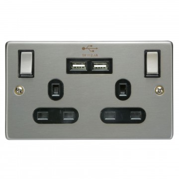 Brushed Steel 2 Gang Switch UK Power Outlet with 2 x 2.4A USB Sockets