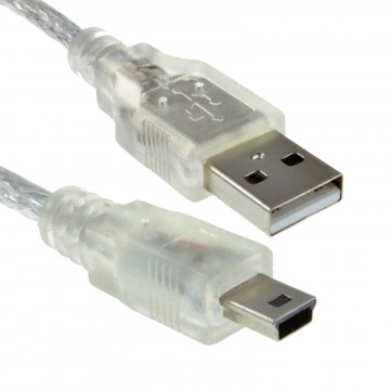 CLEAR Mini-B 5 pin USB 2.0 Hi-Speed Cable Lead Power & Data 24AWG 0.5m Ferrite