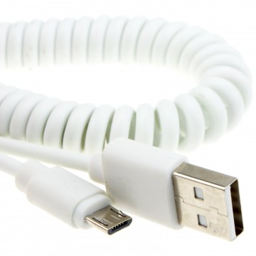 Coiled Shielded MICRO B Data and Charging Cable USB 2.0 White 1.8m