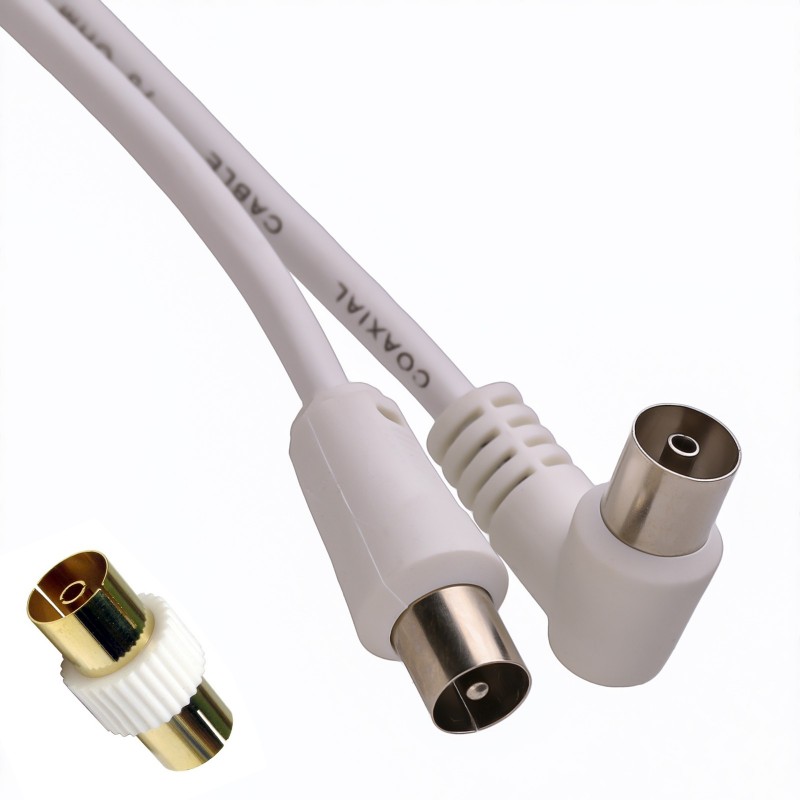RF Right Angle TV Aerial Freeview Female Socket To Male Plug & Coupler 5m White RF Right Angle TV Aerial Freeview Female Socket To Male Plug & Coupler 5m White