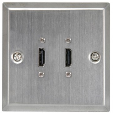 HDMI 2.0 4K Double Wall Plate Faceplate Twin Socket with Pigtail - Brushed Steel