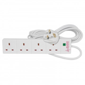 4 Gang Surge Protected UK Mains Power Extension Strip 2m Lead