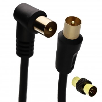 RF Right Angle TV Aerial Freeview Plug Video Cable & Coupler GOLD  2m Black