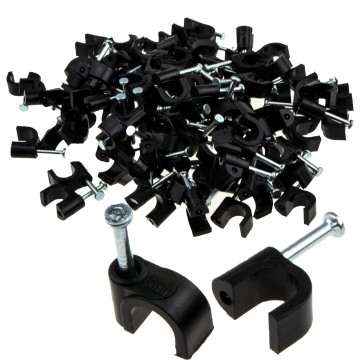 Round Black  6mm Cable Clips Secure Fastenings Cables [100 Pack]