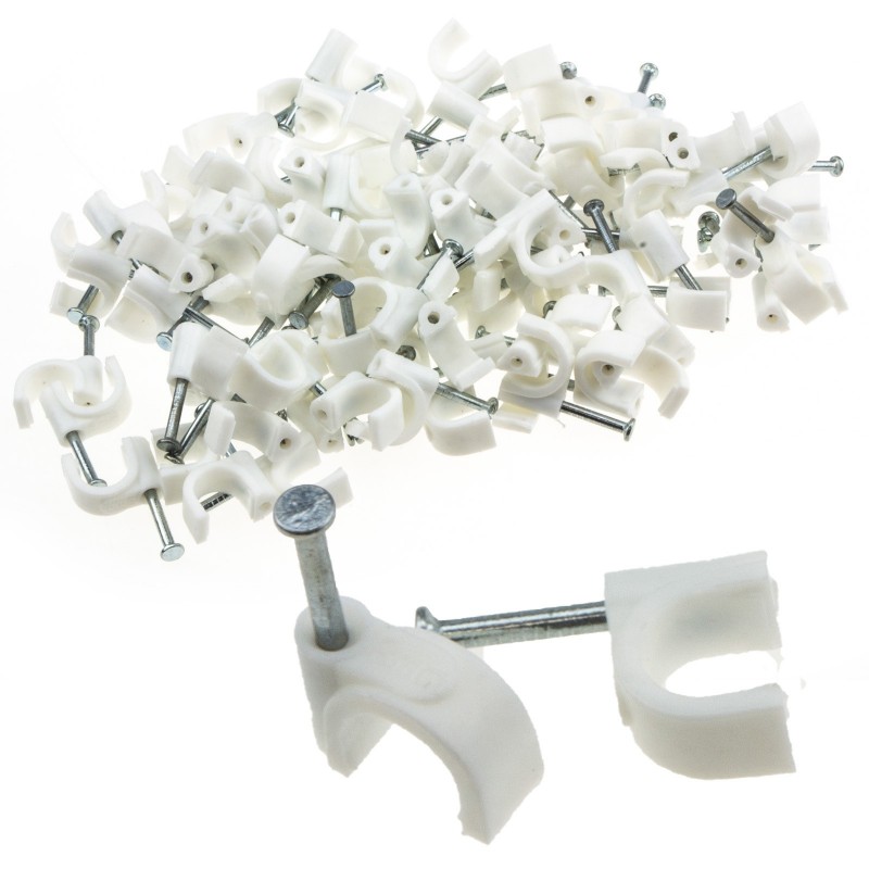 Round White  8mm Cable Clips Secure Fastenings Cables [100 Pack]