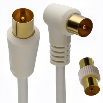 RF Right Angle TV Aerial Freeview Plug Video Cable & Coupler GOLD   1m White