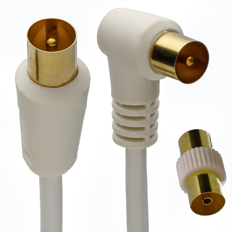 RF Right Angle TV Aerial Freeview Plug Video Cable & Coupler GOLD  5m White