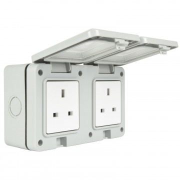 Double Gang Weatherproof 2 x 3 Pin UK Power Socket Outdoor Outlet IP55 White