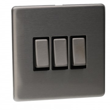 3 Gang 2 Way 10A Light Switch Screwless Plate with Brushed Chrome Finish