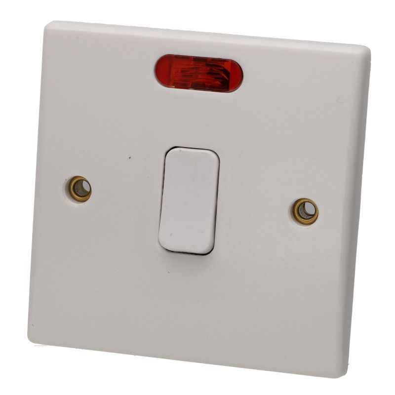 1 Way Double Pole 20A Switch with Neon Light Rounded Faceplate White