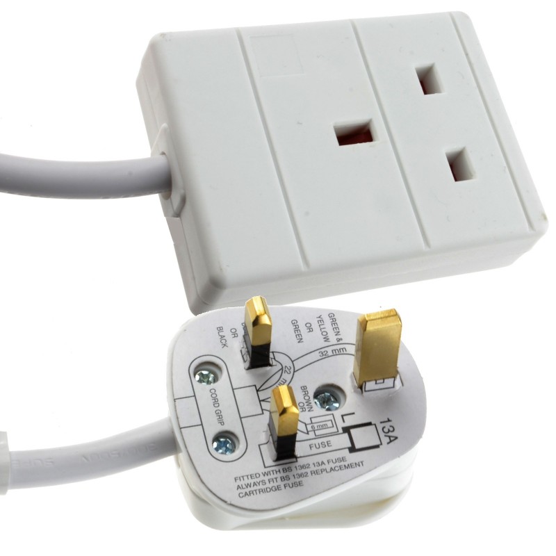 1 Gang Single Way UK 13A Mains Power Socket Extension Lead White  0.5m