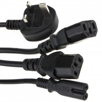 3 Pin 13A UK Plug to 2 x IEC C13 Kettle Plugs & 1 x C7 Fig 8 (Figure 8) 1.2m