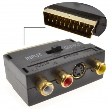 SCART Adapter with Scart Pass Through - 3 Phonos & S-Video with IN OUT Swit