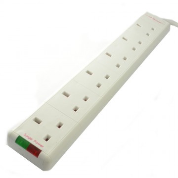 Surge Protected 6 Gang Way Mains Extension Socket UK 13A White  1m