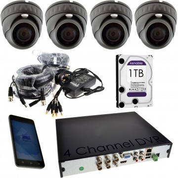 CCTV 1080P Kit 4 x Dome/Turret Cameras + 4 Channel 1TB DVR Grey