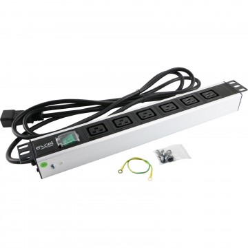 Excel 19 inch 6 Way Horizontal PDU  6 x 16A C19 IEC Sockets C20 Plug Switched 2m