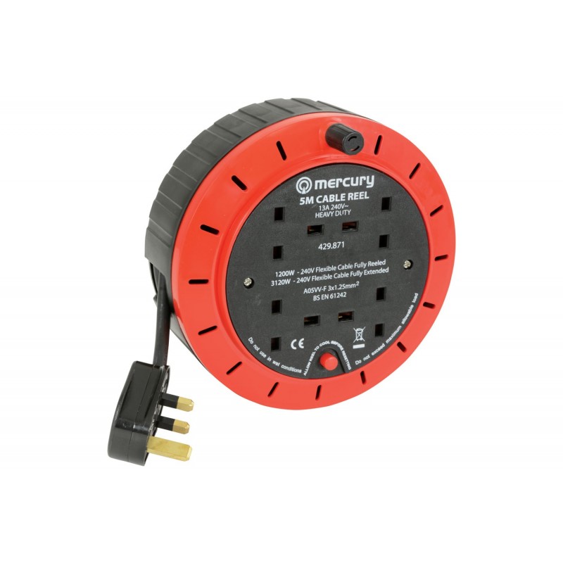 4 Gang Round Mains Extension Lead Reel with Thermal Cut-Out Garden/DIY 5m 4 Gang Round Mains Extension Lead Reel with Thermal Cut-Out Garden/DIY 5m
