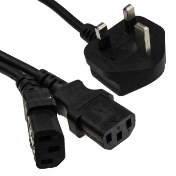 IEC 13A Splitter Cable 1 UK Mains Plug to 2 x C13 Plugs  2m [1.65m + 0.35m]