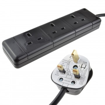 3 Gang Way UK 13A Trailing Socket Mains Power Extension Lead Black  1m