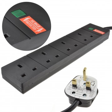 Surge Protected 4 Gang Way Mains Extension Socket UK 13A Black 10m