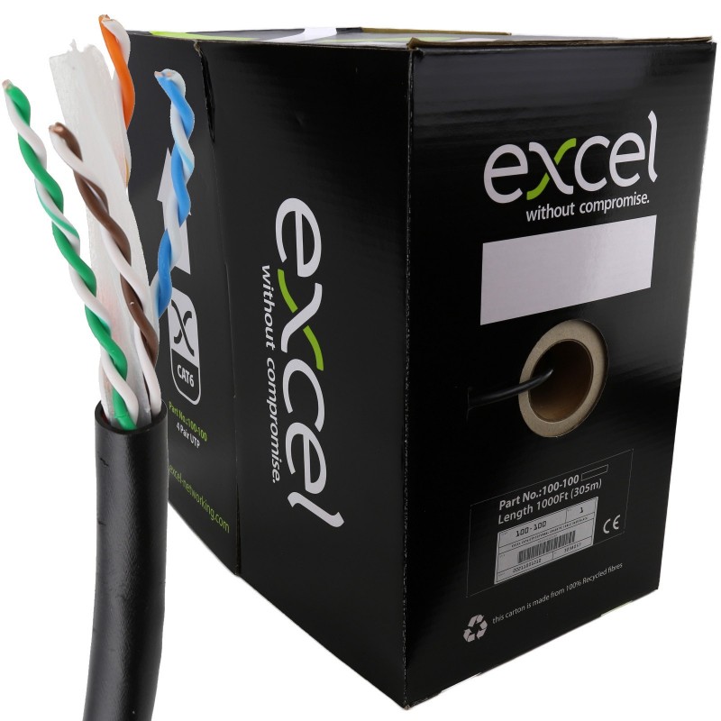 Excel Copper Cat6 Network Cable U/UTP Low Smoke LSOH Euroclass Dca 305m Black Excel Copper Cat6 Network Cable U/UTP Low Smoke LSOH Euroclass Dca 305m Black