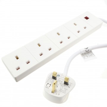 4 Gang Way UK 13A Trailing Socket Mains Power Extension Lead White with LED  5m