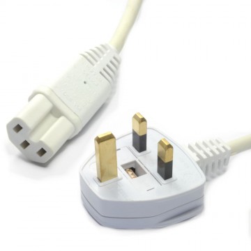 White 3 Pin UK Mains Plug to C15 IEC Hot Mains Power Cable Lead 1m