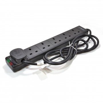 Surge Protected 6 Gang Way Mains Extension with Neon Lights Black  2m