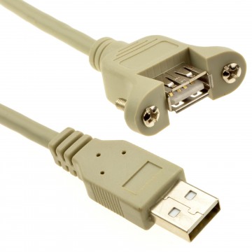 USB 2.0 Panel Mount Female A Socket to A Plug 28AWG Cable 0.3m 30cm Beige