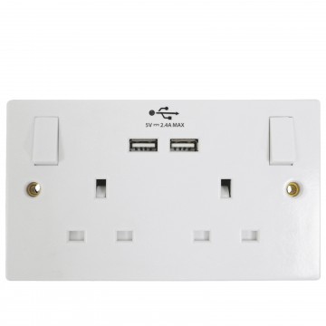 Twin Gang 13A 240V Mains Power Outlet with 2 x USB Sockets 5V 2.4A White