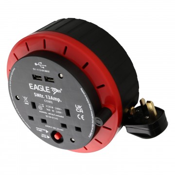 2 Gang Mains Power Extension Reel with USB 2.4A Ports and Thermal Switch  5m