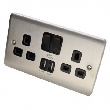 DETA VE1298SSB 2G Mains Socket 2 x USB 5V 3.4A Charging Sockets Stainless Steel