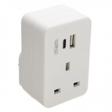 Plug Through UK Mains Adapter with USB A and PD Fast Charging USB C Port 20W