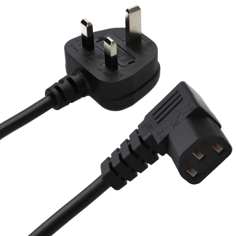 Power Cord UK Plug to Right Angle IEC C13 Cable (kettle lead) 2m