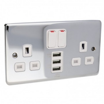 DETA VE1299CH Double Mains Socket with 3 x USB 5V 4A Charging Sockets Chrome