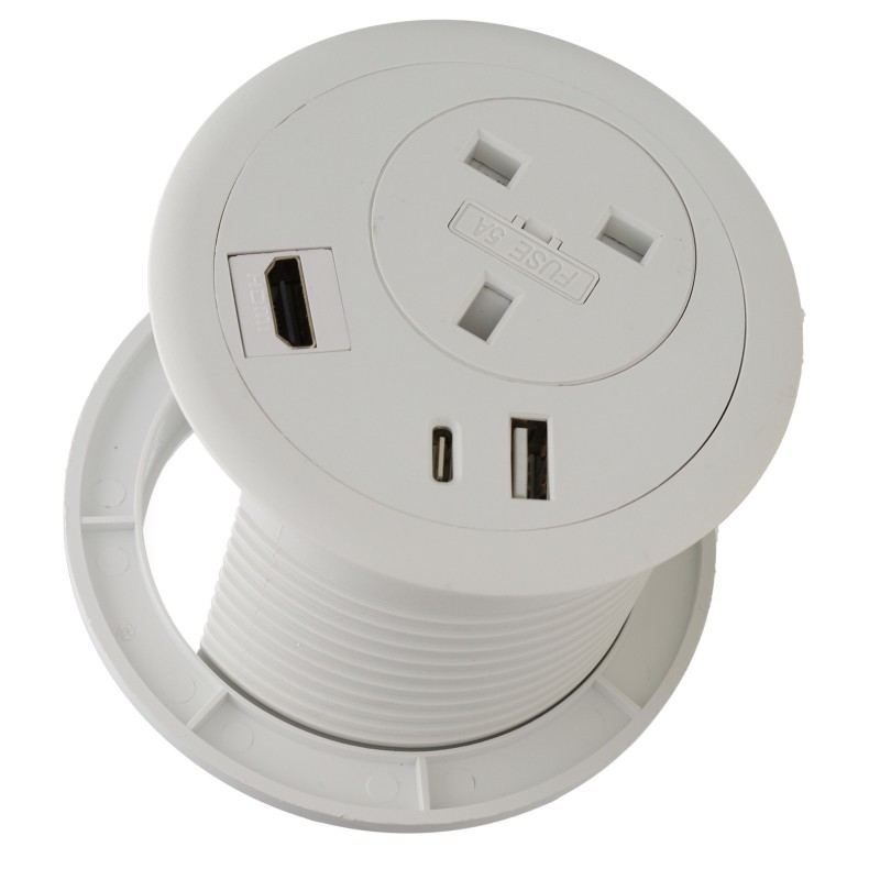 Office Desk Mount 80mm Grommet with UK Power USB 3.0/Type C PD port & HDMI White Office Desk Mount 80mm Grommet with UK Power USB 3.0/Type C PD port & HDMI White