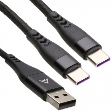Splitter Cable USB A to 2 x Type-C Plugs Charge 2 Devices From 1 Socket Lead 2m