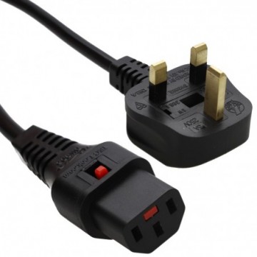 Locking IEC C13 Mains Power Cable Lead 3 Pin UK Plug Locks any C14 Black 3m