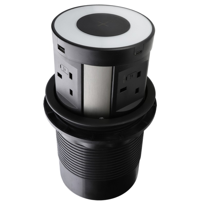 Desk Power Pop-Up 4 Fused UK Sockets 2x USB-A 2x USB-C Qi Wireless Charger Black