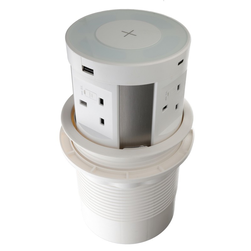 Desk Power Pop-Up 4 Fused UK Sockets 2x USB-A 2x USB-C Qi Wireless Charger White Desk Power Pop-Up 4 Fused UK Sockets 2x USB-A 2x USB-C Qi Wireless Charger White