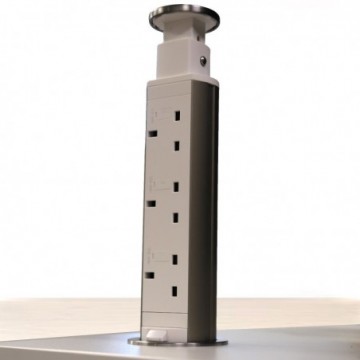 Office Desk Mains Power Pop-Up Unit 3 Fused UK Socket Outlets Silver 60mm Hole